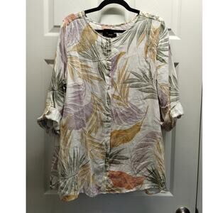 Tahari Womens Size 1X Linen Cream Multicolor Leaf Print Tropical Button Up Shirt
